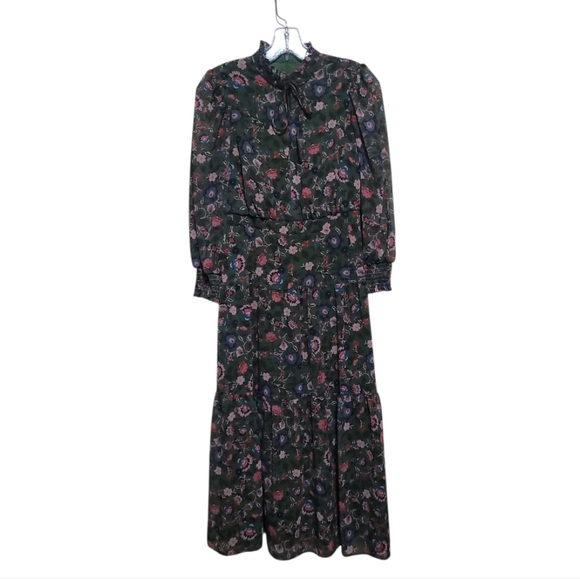 Vince Camuto Green  Tie Neck Floral Print Longsleeve Maxi Dress Size 2 - Picture 7 of 9